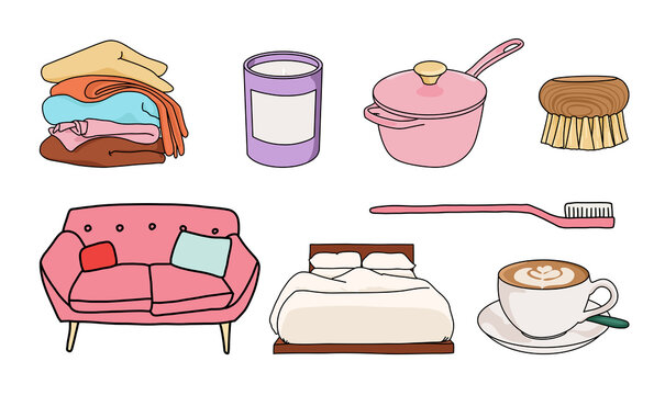 Cozy Home Routine Icons - Clothes, Bed, Sofa, Candle, Coffee & More