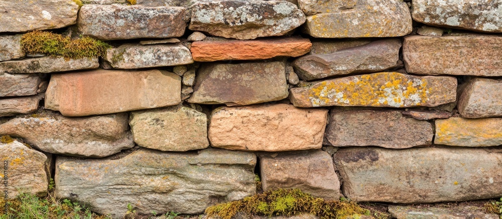 Poster ancient stone wall texture showcasing rustic stones with moss for design and artistic backgrounds. p