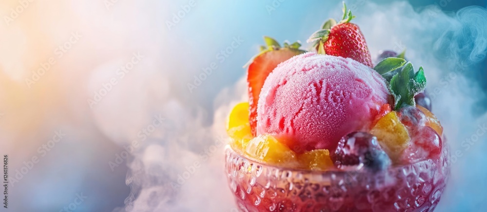 Poster strawberry ice cream served in a decorative container with colorful fruits and cold steam creating a