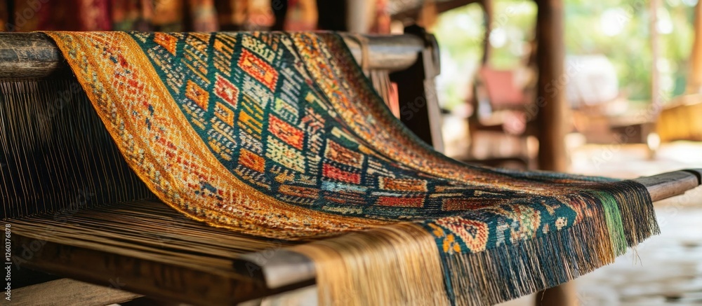 Poster traditional thai silk weaving with intricate indigenous patterns displayed on a loom in a serene set