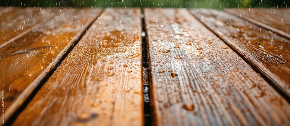 Poster rainwater droplets splashing on a weathered wooden deck creating a natural and refreshing atmosphere