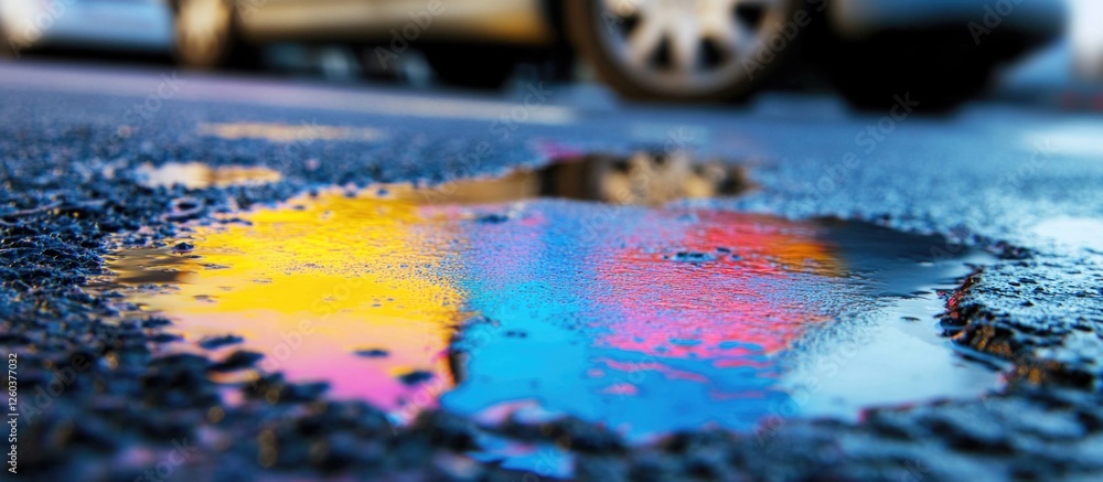 Poster reflections of colorful lights in a puddle of gasoline on asphalt surface creating an abstract urban