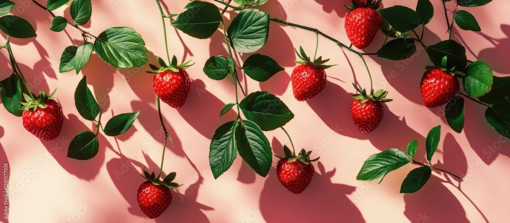 Poster fresh strawberries with green leaves creating an appealing pattern on a soft pink background with sh