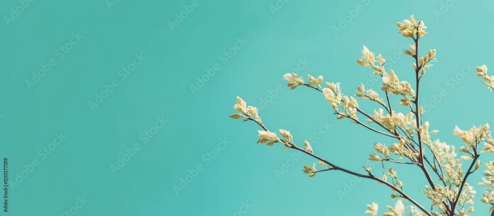 Poster Spring green twig against a vibrant turquoise sky with ample negative space for design and text placement.