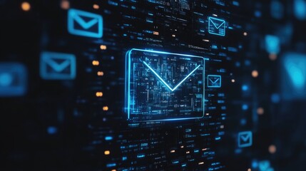 Digital email delete folder icon on laptop screen with electronic mailbox graphics and empty space for text display in a tech environment