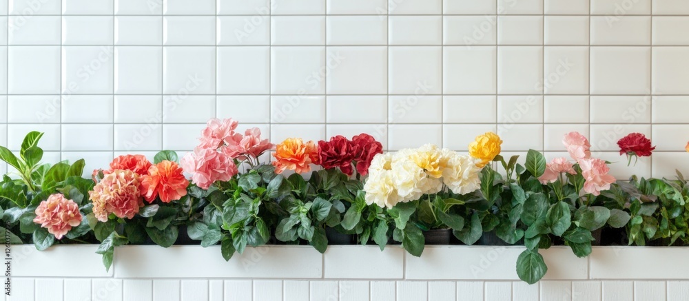 Aufkleber artificial flower display along a white-tiled wall in a cozy cafe with a minimalist design and ample