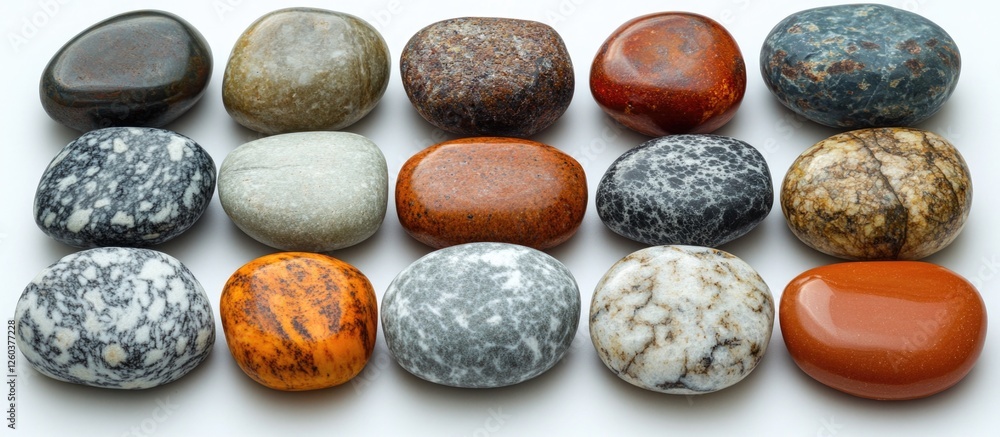 Poster colorful polished stones arranged in rows on a white background showcasing natural textures and vari