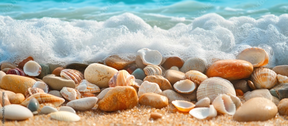 Poster colorful textured stones and shells on a sandy beach with gentle waves in the background creating a 
