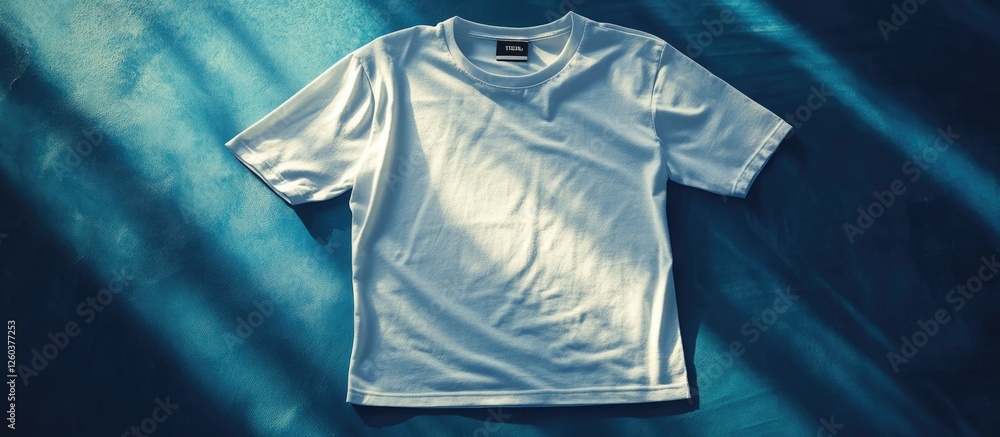 Poster white t-shirt laid flat on a blue surface with ample space for custom text or branding in a casual d