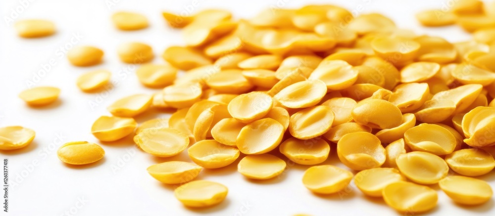 Poster yellow split soybeans scattered on a clean white background showcasing their texture and color for c