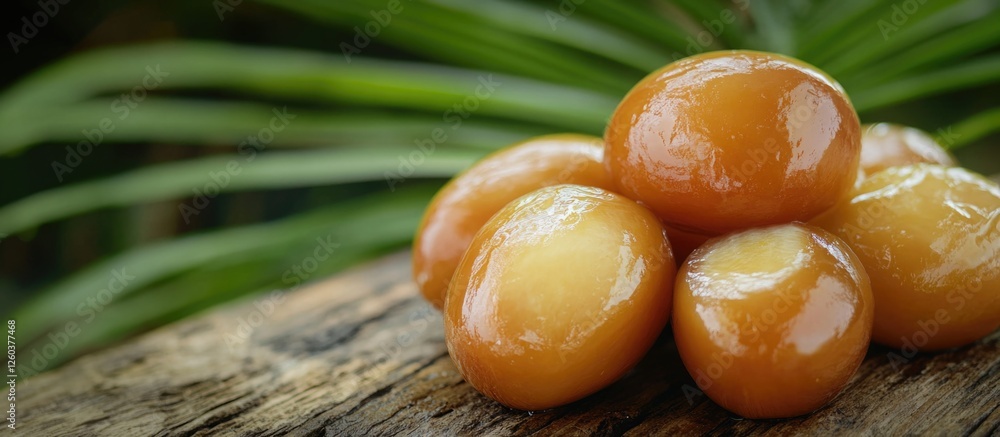 Poster sugar palm fruit also known as kolang kaling displayed on a rustic wooden surface with tropical leav