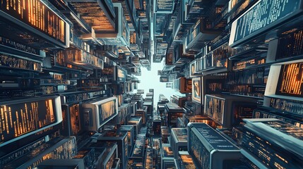 Fototapeta premium Futuristic cityscape background wallpaper urban environment digital art technology perspective high-tech atmosphere