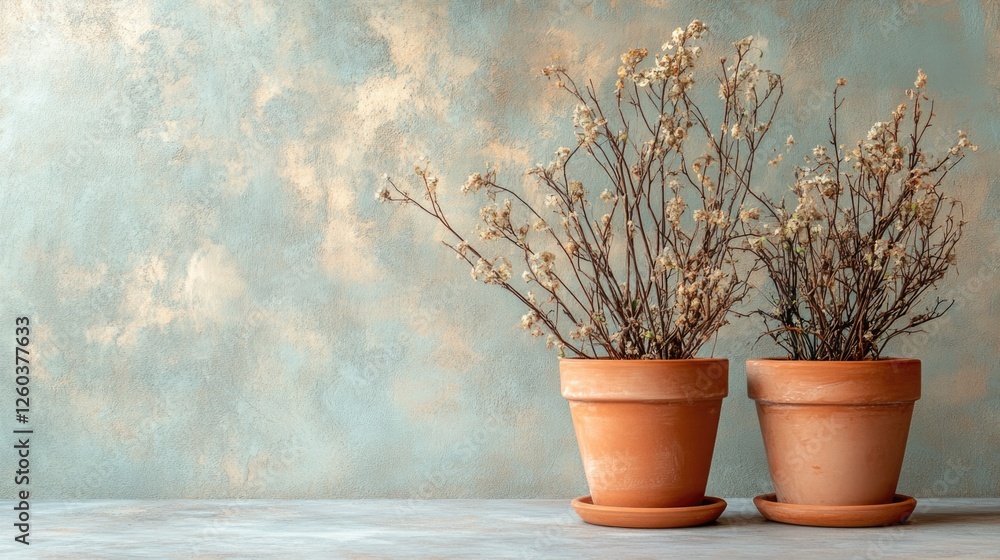 Poster terracotta pots with dried branches and flowers against a textured background offering empty space f
