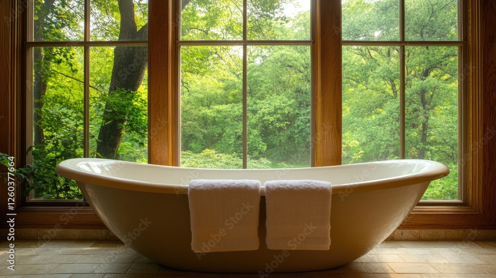 Poster elegant bathroom featuring a deep soaking tub with large windows showcasing serene nature views and 