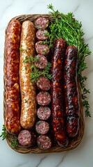 A beautifully arranged selection of artisan sausages on a decorative woven platter, showcasing various textures and colors for an enticing visual feast.