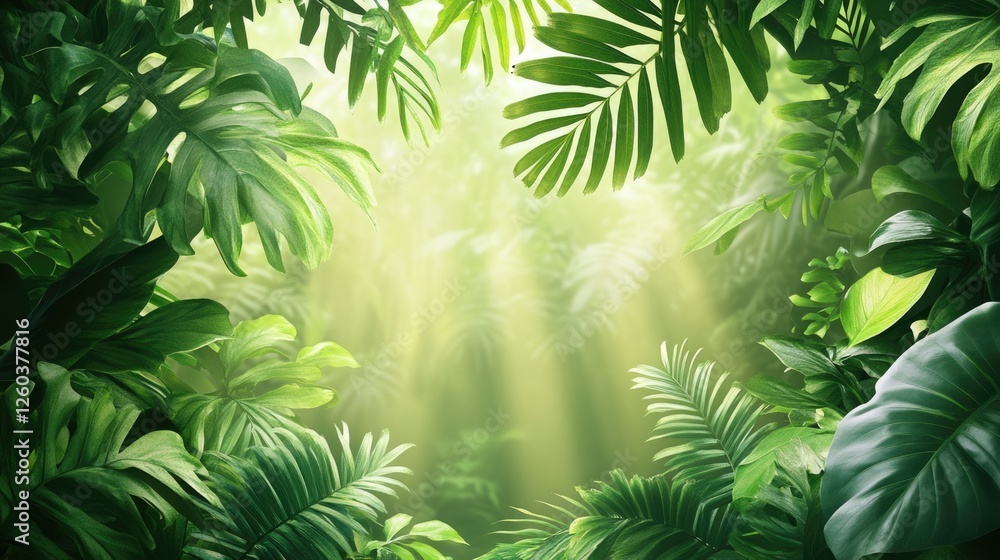 Poster sunlit tropical foliage creating a serene atmosphere with beams of light illuminating the space, per
