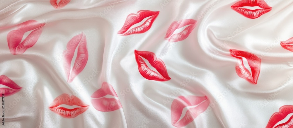 Poster silk fabric texture with vibrant lip prints creating a romantic and playful background for various d