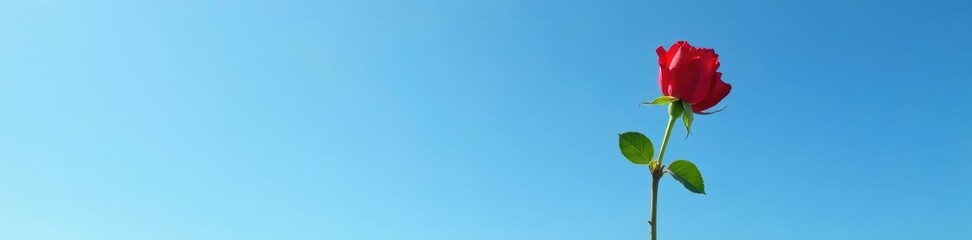 Single red rose on a green stem against blue sky, green stem, natural scenery, floral