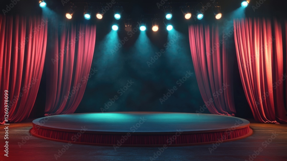 Poster elegant stage setup with red curtains spotlights and empty podium ideal for events presentations or 