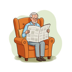 Senior Man Reading Newspaper in Armchair Graphic Illustration Lifestyle
