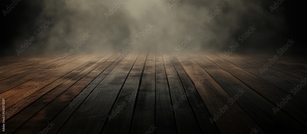 Poster dark wooden floor texture with misty fog creating a mysterious atmosphere suitable for dramatic back