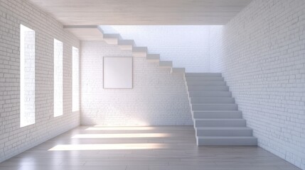 Fototapeta premium Stylish minimal interior design featuring a white brick wall and wood parquet floor with stairs and ample empty space for text or art.