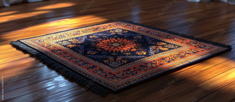 Poster elegant prayer mat design with intricate patterns and rich colors displayed on a wooden floor illumi