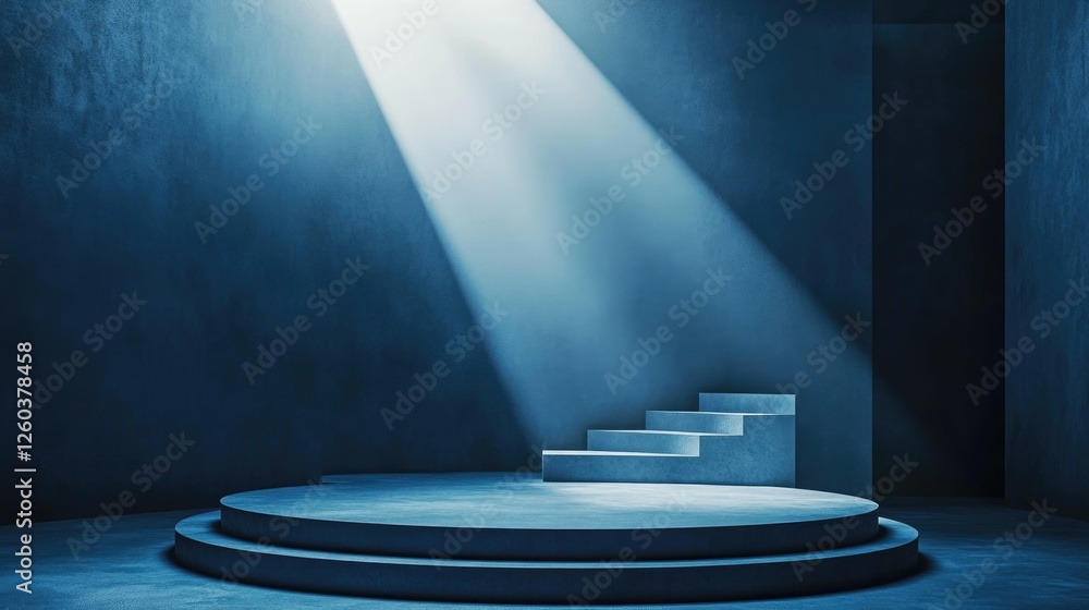 Poster theater podium and spotlight on stage with empty space for presentations and text in dramatic lighti