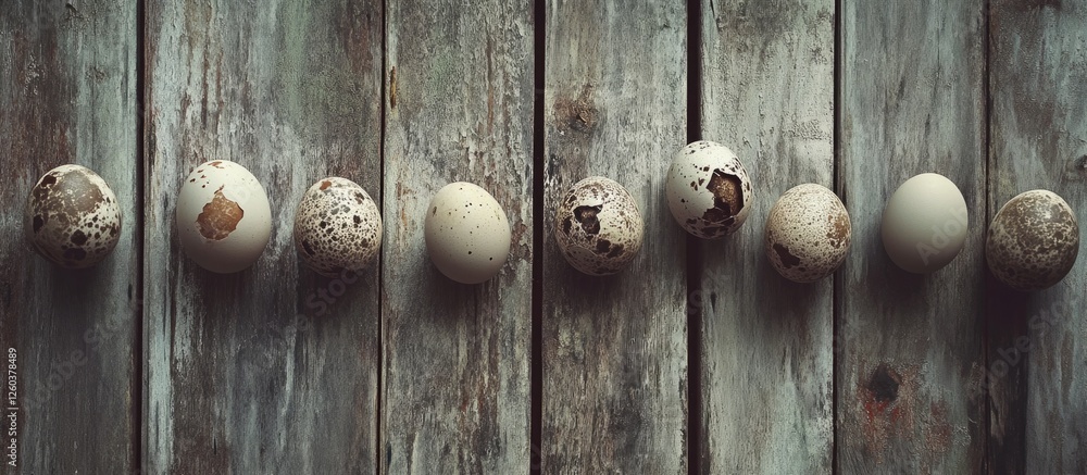 Poster quail eggs arranged in a line on a rustic wooden surface showcasing their unique patterns and colors