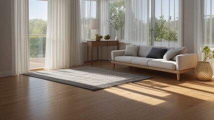 Fototapeta premium An airy room with sunlight streaming through sheer curtains. A chair and small table are in the foreground, sitting on a wooden floor.