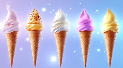 A delightful assortment of colorful ice cream cones featuring various flavors. Perfect for summer desserts and sweet treats, these cones bring joy and refreshment for all ages.