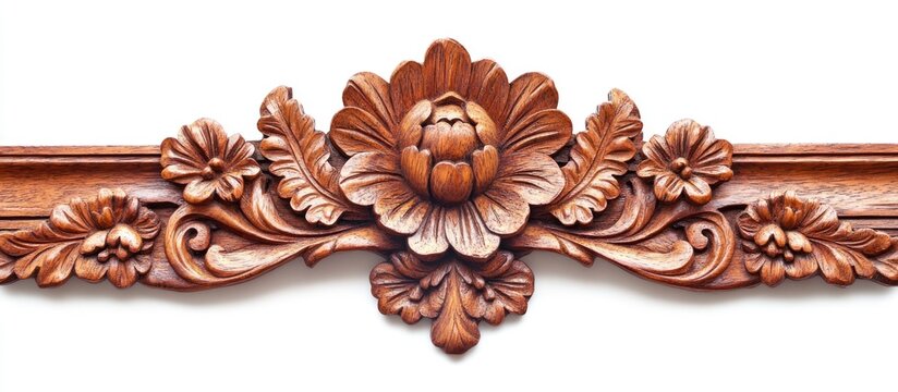 Intricate vintage wood carving ornament with floral design set against a clean white background for decorative and artistic applications