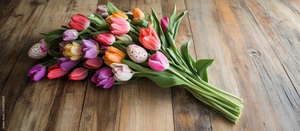 Poster tulip bouquet and easter eggs on rustic wood floor spring background for invitation card design with