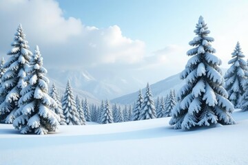 Fototapeta premium Snow-covered pine trees on white silk background, landscape, snow