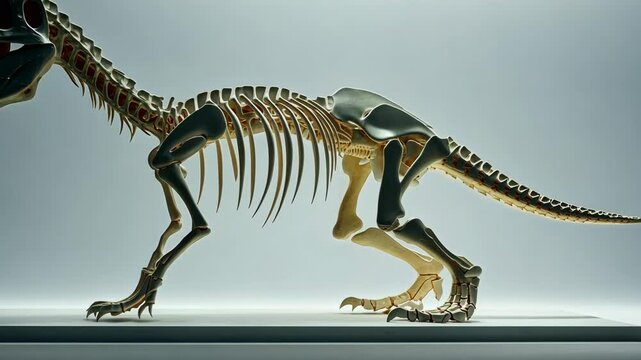 Dinosaur skeleton model displayed in a modern museum setting during a daylight exhibition