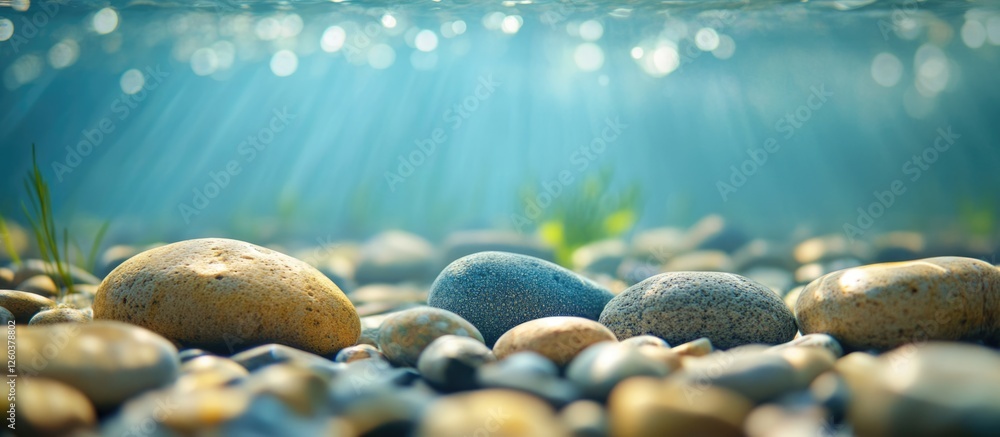 Poster underwater scene of smooth stones with soft sunlight rays illuminating the tranquil environment and 