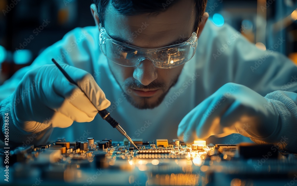 Poster cuttingedge hightech environment featuring an electronic technician testing a microchip on a circuit