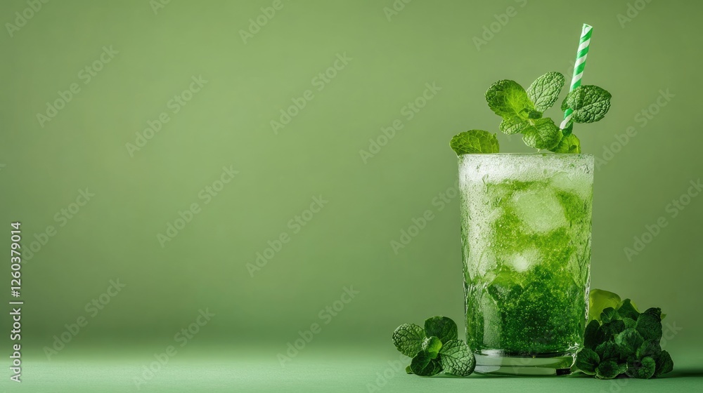 Poster refreshing st patrick's day cocktail with mint leaves against a green background featuring ample spa