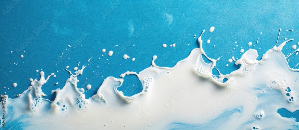 Poster refreshing white milk splash isolated on blue background with ample copy space for text and creative