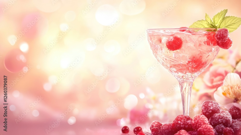 Poster summer cocktail celebration with raspberries and mint on blurred bokeh background empty space for te