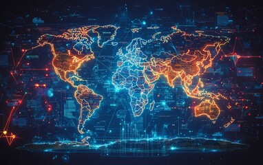Obraz premium Detailed depiction of global finance law with scales of justice on a world map, filled with stock market symbols, bright neon financial symbols, intricate world map design