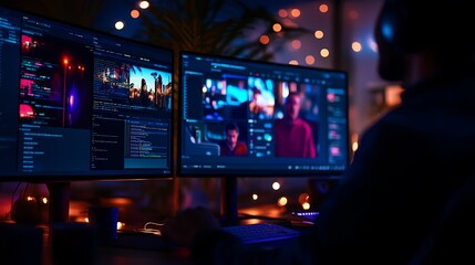 A focused individual working on video editing in a dimly lit room. The dual monitors display vibrant visuals and timelines, creating a creative atmosphere perfect for digital work.