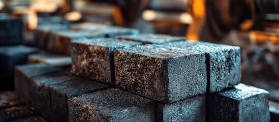 Industrial sponge iron briquettes stacked in a manufacturing facility showcasing texture and metallic sheen under ambient lighting