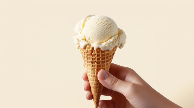Waffle cone with one scoop of vanilla ice cream held by hand from below, Simple background.