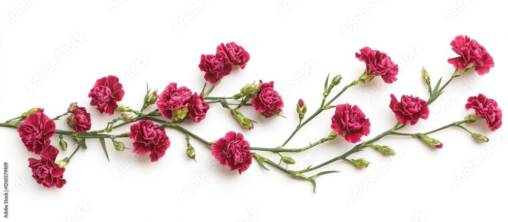 Poster spray carnations arranged in a linear pattern on a white background creating an elegant and vibrant 