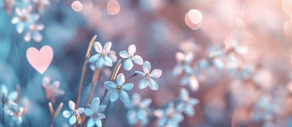 Aufkleber springtime snowdrop flowers in soft pastel tones with heart bokeh background, creating a dreamy and 