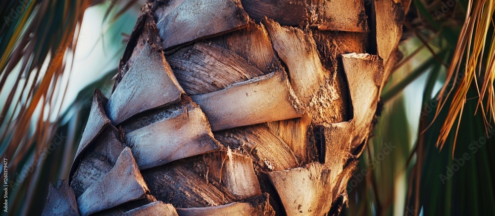 Poster close-up view of textured palm tree trunk with intricate patterns and earthy tones showcasing tropic