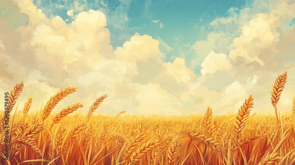 Poster cereal field landscape with textured wheat under cloudy sky and ample copyspace for custom text or b