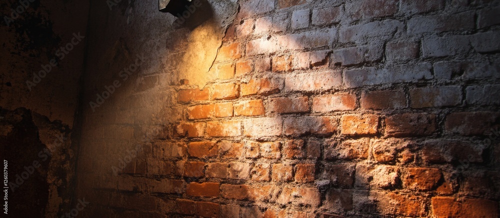 Poster illuminated brick wall texture with spotlight casting warm light creating a dramatic and artistic ba