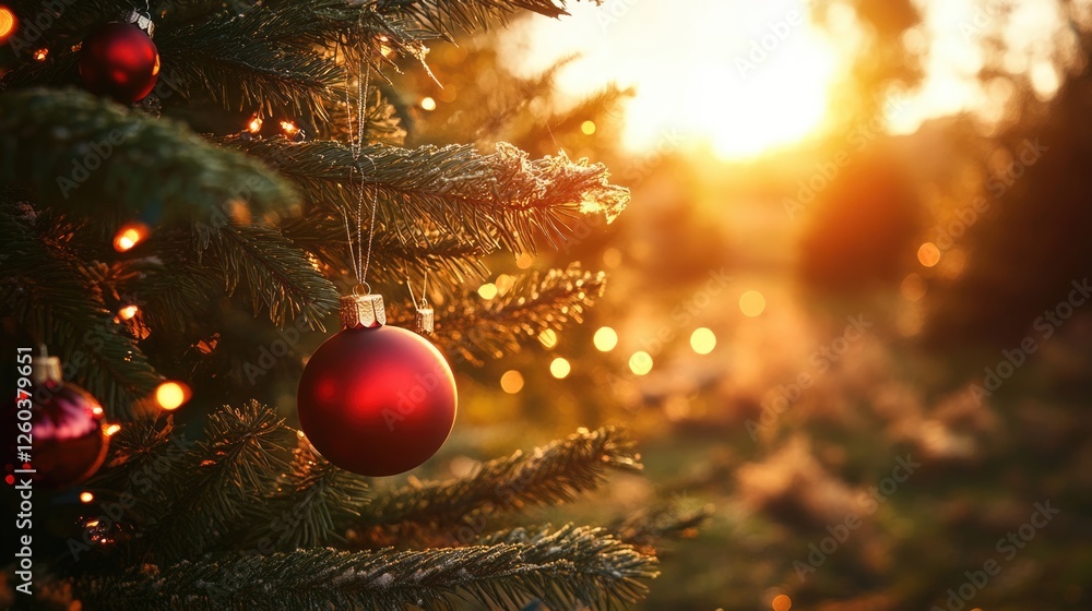 Poster sunlit christmas tree glade during golden hour with red ornaments and soft focus background for text